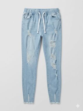 Light Blue Distressed Women's Jeggings with Drawstring Waist